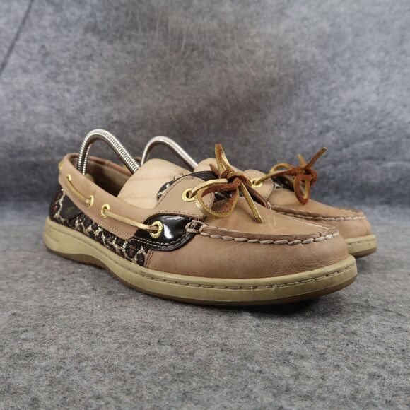 Sperry Shoes Womens 9 Slip On Boat Loafer Leather Leopard Top Sider Preppy Brown - Picture 1 of 13